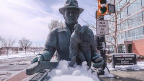 JERSEY CITY, NEW JERSEY, USA - MARCH 22, 2018: A monument near the Susan Kirk Memorial Station stock photo JERSEY CITY, NEW JERSEY, USA - MARCH 22, 2018: A monument near the Susan Kirk Memorial Station stock photo