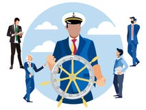 Jest kapitanem przy sterem, głowa finanse W minimalisty stylu kreskówki mieszkania wektorze ilustracja wektor Jest kapitanem przy sterem, głowa finanse W minimalisty stylu kreskówki mieszkania wektorze ilustracja wektor