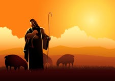 Jesus as a shepherd. Biblical vector illustration of Jesus as a shepherd