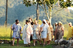 Jesus Christ teaching walking his disciples The Passion play Easter, Lake Moogerah