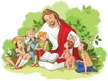 Jesus som läser bibeln till barn stock illustrationer Jesus som läser bibeln till barn stock illustrationer