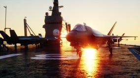 Jet, combatiente en portaaviones en el mar, océano Concepto de la guerra y del arma Animación realista 4K stock de ilustración Jet, combatiente en portaaviones en el mar, océano Concepto de la guerra y del arma Animación realista 4K stock de ilustración