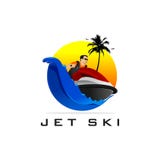 Jet ski logo design with waves, coconut trees, birds and sunset royalty free illustration Jet ski logo design with waves, coconut trees, birds and sunset royalty free illustration