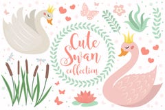 Jeu de caractères mignon de princesse de cygne des objets Collection d'élément de conception avec des cygnes, roseaux, nénuphar, illustration stock Jeu de caractères mignon de princesse de cygne des objets Collection d'élément de conception avec des cygnes, roseaux, nénuphar, illustration stock