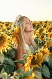 Jeune belle femme sur le gisement de floraison de tournesol images libres de droits Jeune belle femme sur le gisement de floraison de tournesol images libres de droits