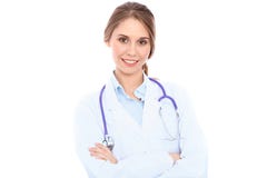 Jeune docteur féminin de sourire amical, d'isolement au-dessus du fond blanc image stock Jeune docteur féminin de sourire amical, d'isolement au-dessus du fond blanc image stock