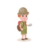 Jeune explorateur avec la boussole dans les mains et le sac à dos sur des épaules illustration de vecteur Jeune explorateur avec la boussole dans les mains et le sac à dos sur des épaules illustration de vecteur