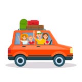 Jeune famille heureuse voyageant en la voiture rouge avec des enfants illustration de vecteur Jeune famille heureuse voyageant en la voiture rouge avec des enfants illustration de vecteur