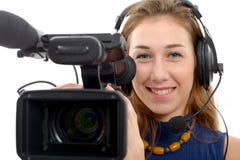 Jeune femme avec une caméra vidéo, sur le fond blanc image stock Jeune femme avec une caméra vidéo, sur le fond blanc image stock
