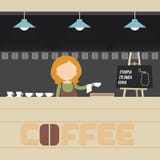 Jeune femme - barman préparant le café en café avec la table, lampes illustration de vecteur Jeune femme - barman préparant le café en café avec la table, lampes illustration de vecteur