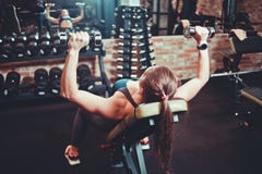 Jeune femme faisant l'exercice avec des haltères pour les muscles photographie stock Jeune femme faisant l'exercice avec des haltères pour les muscles photographie stock