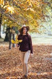 Jeune femme heureuse de sourire marchant dehors en parc d'automne dans le chandail et le chapeau confortables Temps ensoleillé ch images libres de droits Jeune femme heureuse de sourire marchant dehors en parc d'automne dans le chandail et le chapeau confortables Temps ensoleillé ch images libres de droits