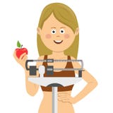 Jeune femme mignonne se tenant sur la balance tenant la pomme rouge Concept sain de nourriture illustration de vecteur Jeune femme mignonne se tenant sur la balance tenant la pomme rouge Concept sain de nourriture illustration de vecteur