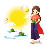 Jeune fille dans le costume traditionnel thaïlandais avec la pleine lune, les lanternes et le krathong flottant sur l'eau d'isole illustration de vecteur Jeune fille dans le costume traditionnel thaïlandais avec la pleine lune, les lanternes et le krathong flottant sur l'eau d'isole illustration de vecteur