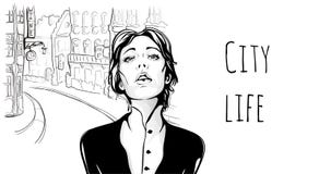 Jeune fille sur la rue de la vieille ville Illustration de portrait de vecteur dans le style de croquis illustration libre de droits Jeune fille sur la rue de la vieille ville Illustration de portrait de vecteur dans le style de croquis illustration libre de droits