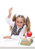 Jeune fille à un bureau, main augmentée image libre de droits Jeune fille à un bureau, main augmentée image libre de droits