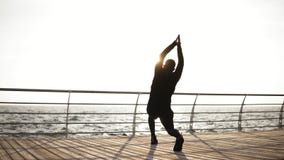 Jeune homme sportif s'étirant sur le dock près du bord de la mer Beau matin ensoleillé sur de littoral la longueur dehors clips vidéos Jeune homme sportif s'étirant sur le dock près du bord de la mer Beau matin ensoleillé sur de littoral la longueur dehors clips vidéos
