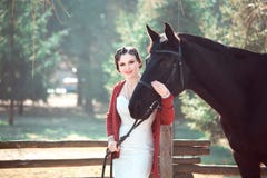 Jeune mariée marchant avec des chevaux Photos libres de droits Jeune mariée marchant avec des chevaux Photos libres de droits