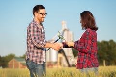 Jeune mâle heureux de sourire et producteurs ou agronomes féminins se serrant la main dans un domaine de blé Inspection des cultu images libres de droits Jeune mâle heureux de sourire et producteurs ou agronomes féminins se serrant la main dans un domaine de blé Inspection des cultu images libres de droits