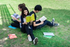 Jeune sourire de séance de groupe d'étudiants sur l'herbe avec des dossiers d'école image libre de droits Jeune sourire de séance de groupe d'étudiants sur l'herbe avec des dossiers d'école image libre de droits