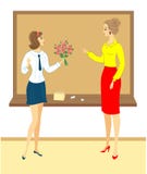 Jeune écolière avec des fleurs La fille donne un bouquet au professeur à l'école, dans la salle de classe, près du conseil La fem illustration libre de droits Jeune écolière avec des fleurs La fille donne un bouquet au professeur à l'école, dans la salle de classe, près du conseil La fem illustration libre de droits