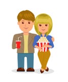 Jeunes couples dans le cinéma Caractères, mâle et femelle d'isolement avec le maïs éclaté et une boisson illustration libre de droits Jeunes couples dans le cinéma Caractères, mâle et femelle d'isolement avec le maïs éclaté et une boisson illustration libre de droits