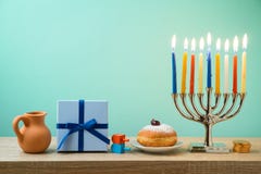 Jewish holiday Hanukkah background with menorah, sufganiyot, gif stock image Jewish holiday Hanukkah background with menorah, sufganiyot, gif stock image