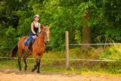Jockey girl doing horse riding on countryside meadow Stock Photo Jockey girl doing horse riding on countryside meadow Stock Photo