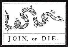 Join or Die Flag. The Join, or Die cartoon, by Benjamin Franklin. It was printed, and used in flags and banners to encourage the former colonies to unite against Join or Die Flag. The Join, or Die cartoon, by Benjamin Franklin. It was printed, and used in flags and banners to encourage the former colonies to unite against