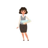 Jolie femme d'affaires se tenant avec des plans de projet et roulée illustration libre de droits Jolie femme d'affaires se tenant avec des plans de projet et roulée illustration libre de droits