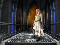 Jolie femme de Steampunk, fond industriel images libres de droits Jolie femme de Steampunk, fond industriel images libres de droits