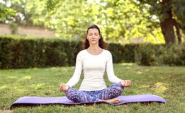 Jolie femme faisant le yoga en parc de matin Asana de Lotus Conception extérieure de mode de vie sain Portrait de nature de femme photos stock Jolie femme faisant le yoga en parc de matin Asana de Lotus Conception extérieure de mode de vie sain Portrait de nature de femme photos stock