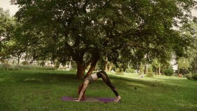 Jong meisje die yoga in het park doen stock footage Jong meisje die yoga in het park doen stock footage