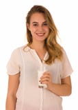 Jong mooi meisje, glas melk, witte achtergrond stock afbeelding Jong mooi meisje, glas melk, witte achtergrond stock afbeelding