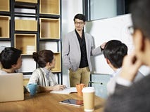 Jonge Aziatische bedrijfspersoon die een bespreking vergemakkelijken stock afbeelding Jonge Aziatische bedrijfspersoon die een bespreking vergemakkelijken stock afbeelding