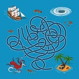 Jonge geitjeslabyrint De jagers van de labyrintschat Help het schip de manier aan het eiland vinden stock illustratie Jonge geitjeslabyrint De jagers van de labyrintschat Help het schip de manier aan het eiland vinden stock illustratie