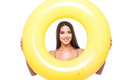 Jonge schoonheidsvrouw in zwempak binnen opblaasbare die ring over witte achtergrond wordt geïsoleerd royalty-vrije stock foto's Jonge schoonheidsvrouw in zwempak binnen opblaasbare die ring over witte achtergrond wordt geïsoleerd royalty-vrije stock foto's