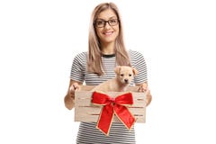 Jonge vrouw die een klein puppy in een houten doos met rood BO houden royalty-vrije stock foto Jonge vrouw die een klein puppy in een houten doos met rood BO houden royalty-vrije stock foto