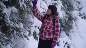 Jonge vrouw in het sneeuwhout Jonge mooie toeristentribunes alleen in het bos en de blikken rond Zij bekijkt sneeuw en stock footage Jonge vrouw in het sneeuwhout Jonge mooie toeristentribunes alleen in het bos en de blikken rond Zij bekijkt sneeuw en stock footage
