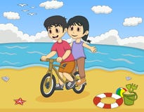 Jongen en meisjes het spelen fiets op het strandbeeldverhaal royalty-vrije illustratie Jongen en meisjes het spelen fiets op het strandbeeldverhaal royalty-vrije illustratie