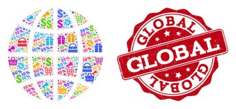 Jordklotcollage av mosaiken och nödlägestämpeln för försäljningar stock illustrationer Jordklotcollage av mosaiken och nödlägestämpeln för försäljningar stock illustrationer