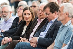 Josep Borrel, candidate for PSOE in the European elections, seated with other local leaders during the rally in Caceres. royalty free stock photo Josep Borrel, candidate for PSOE in the European elections, seated with other local leaders during the rally in Caceres. royalty free stock photo