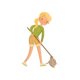 Jovem mulher na roupa ocasional que limpa o assoalho com um espanador, dona de casa no vetor dos desenhos animados da atividade d ilustração stock Jovem mulher na roupa ocasional que limpa o assoalho com um espanador, dona de casa no vetor dos desenhos animados da atividade d ilustração stock