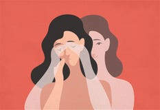 Jovem mulher triste com cabeça abaixada e sua posição gêmea espectral atrás e coberta seus olhos com mãos Conceito do auto ilustração do vetor Jovem mulher triste com cabeça abaixada e sua posição gêmea espectral atrás e coberta seus olhos com mãos Conceito do auto ilustração do vetor