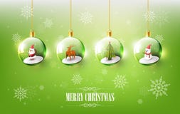 Joyeux Noël avec Santa Claus, le bonhomme de neige et le renne dans la boule de Noël, boule accrochante de Noël sur le fond vert Photos stock Joyeux Noël avec Santa Claus, le bonhomme de neige et le renne dans la boule de Noël, boule accrochante de Noël sur le fond vert Photos stock