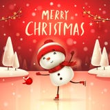 Joyeux Noël ! Bonhomme de neige gai sur des patins dans le paysage d'hiver de scène de neige de Noël illustration libre de droits Joyeux Noël ! Bonhomme de neige gai sur des patins dans le paysage d'hiver de scène de neige de Noël illustration libre de droits