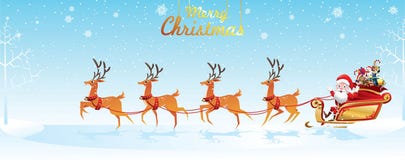 Joyeux Noël et bonne année Santa Claus est monte le traîneau de renne avec un sac de cadeaux dans la scène de neige de Noël Illus illustration stock Joyeux Noël et bonne année Santa Claus est monte le traîneau de renne avec un sac de cadeaux dans la scène de neige de Noël Illus illustration stock