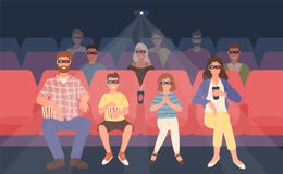 Joyful family sitting in stereoscopic movie theater or cinema hall. Mother, father and their children in 3d glasses vector illustration Joyful family sitting in stereoscopic movie theater or cinema hall. Mother, father and their children in 3d glasses vector illustration
