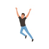 Joyful guy in jumping action with hands up. Young man with happy face expression. Flat vector design stock illustration Joyful guy in jumping action with hands up. Young man with happy face expression. Flat vector design stock illustration
