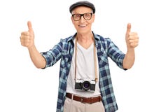Joyful senior tourist giving two thumbs up royalty free stock images Joyful senior tourist giving two thumbs up royalty free stock images